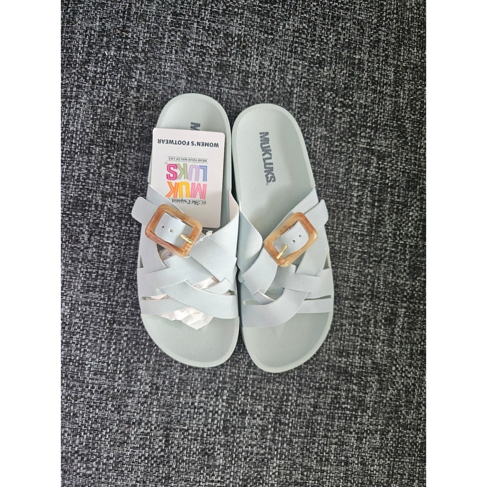 Muk Luks Slide Sandals Women Size 6 Light Blue New Woven Buckle Faux Leather .